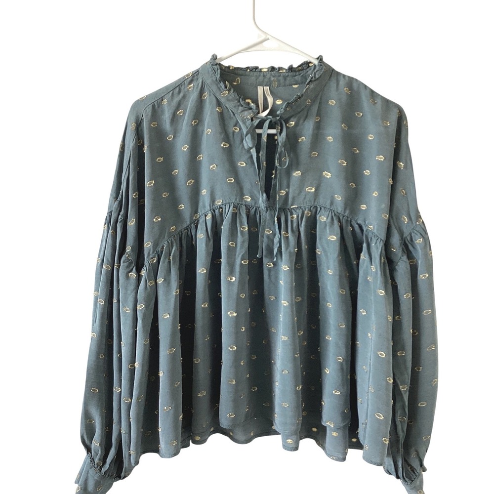 Anthropologie Teal Blue Gold Metallic Fil Coupe Tie Neck Peplum Blouse Medium
